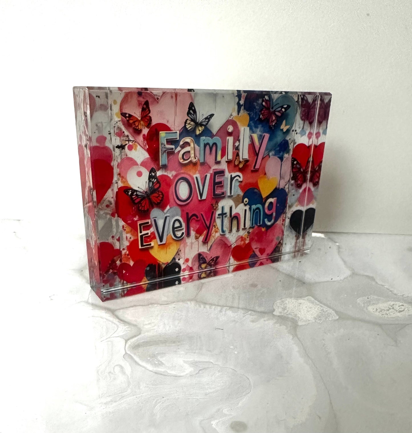 Family Over Everything Crystal Block Table Decor