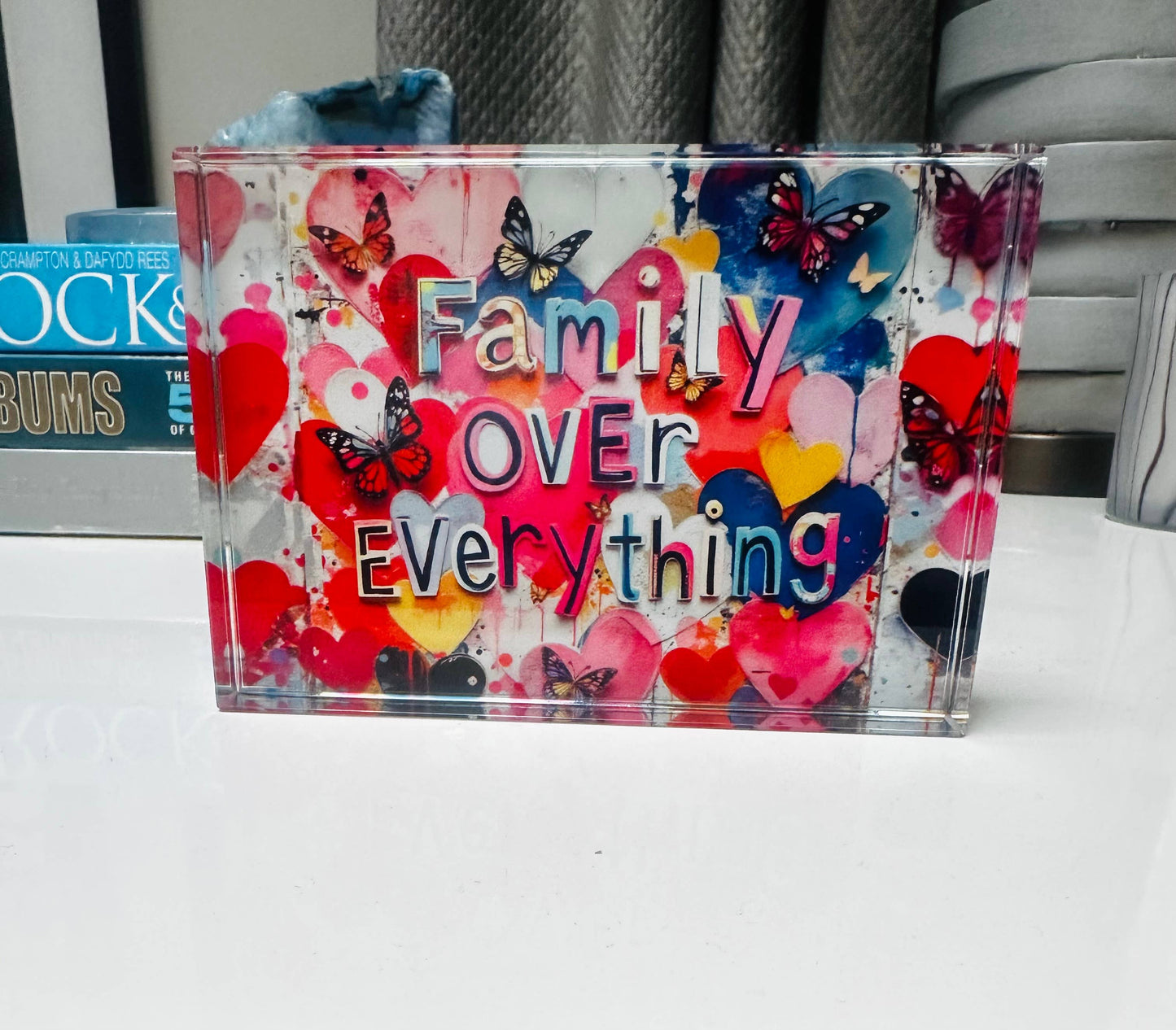 Family Over Everything Crystal Block Table Decor