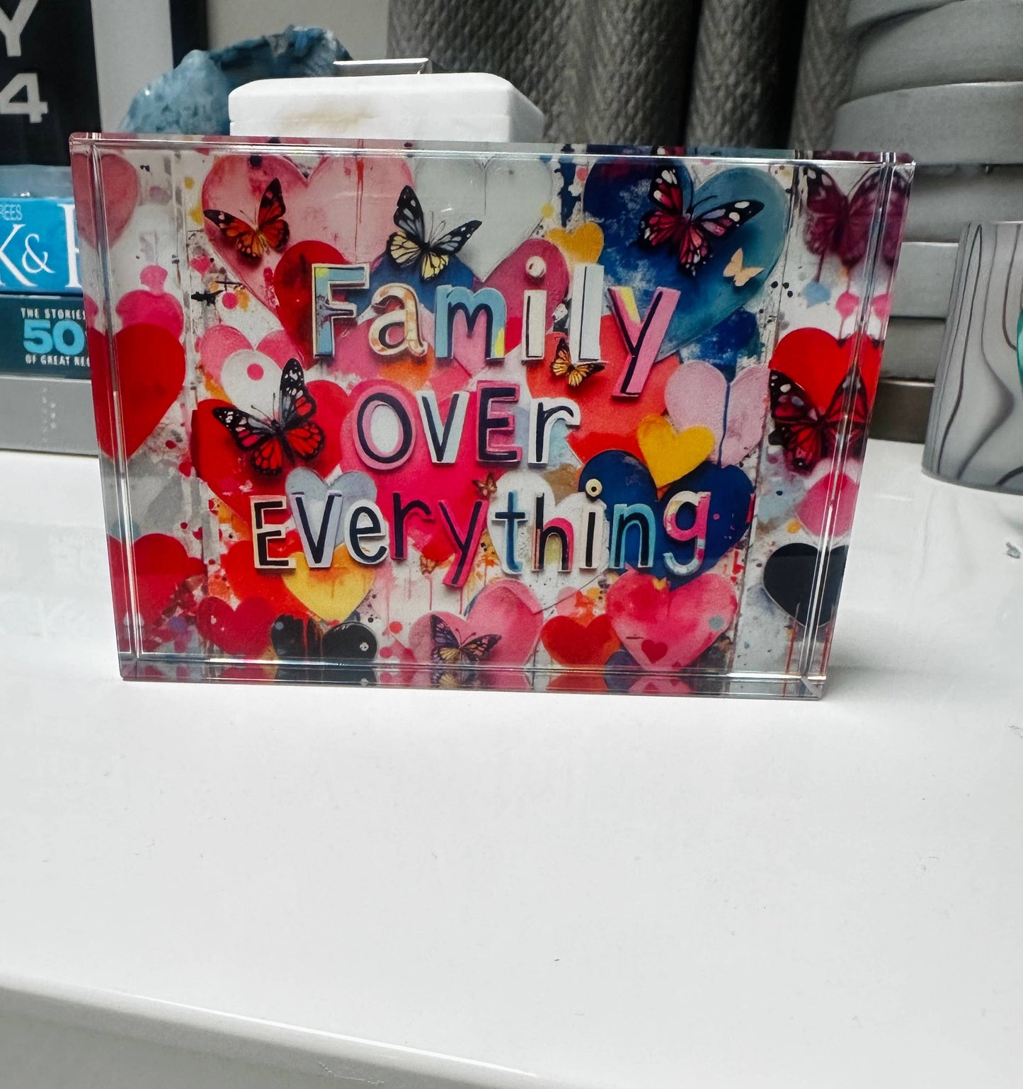 Family Over Everything Crystal Block Table Decor