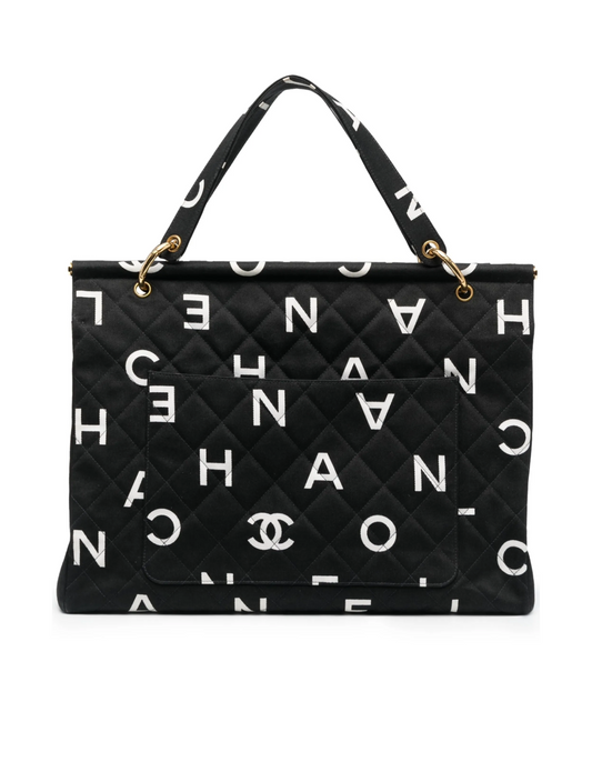 Chanel Logo Print Diamond Quilted Tote